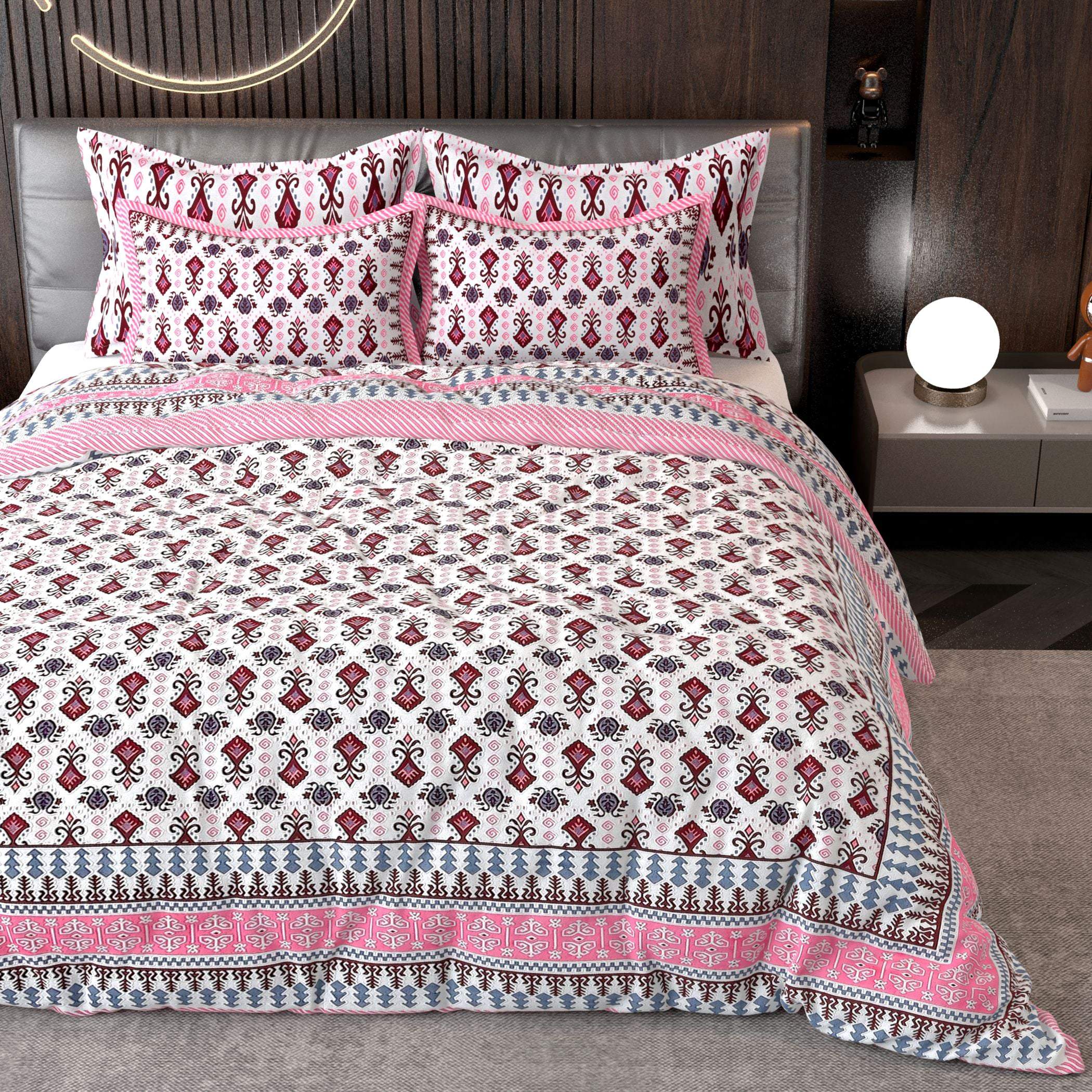 Pink White Ethnic Motifs Cotton King Bedsheet With 2 Zipper Pillow Covers - King Size by House of Ree - Distacart