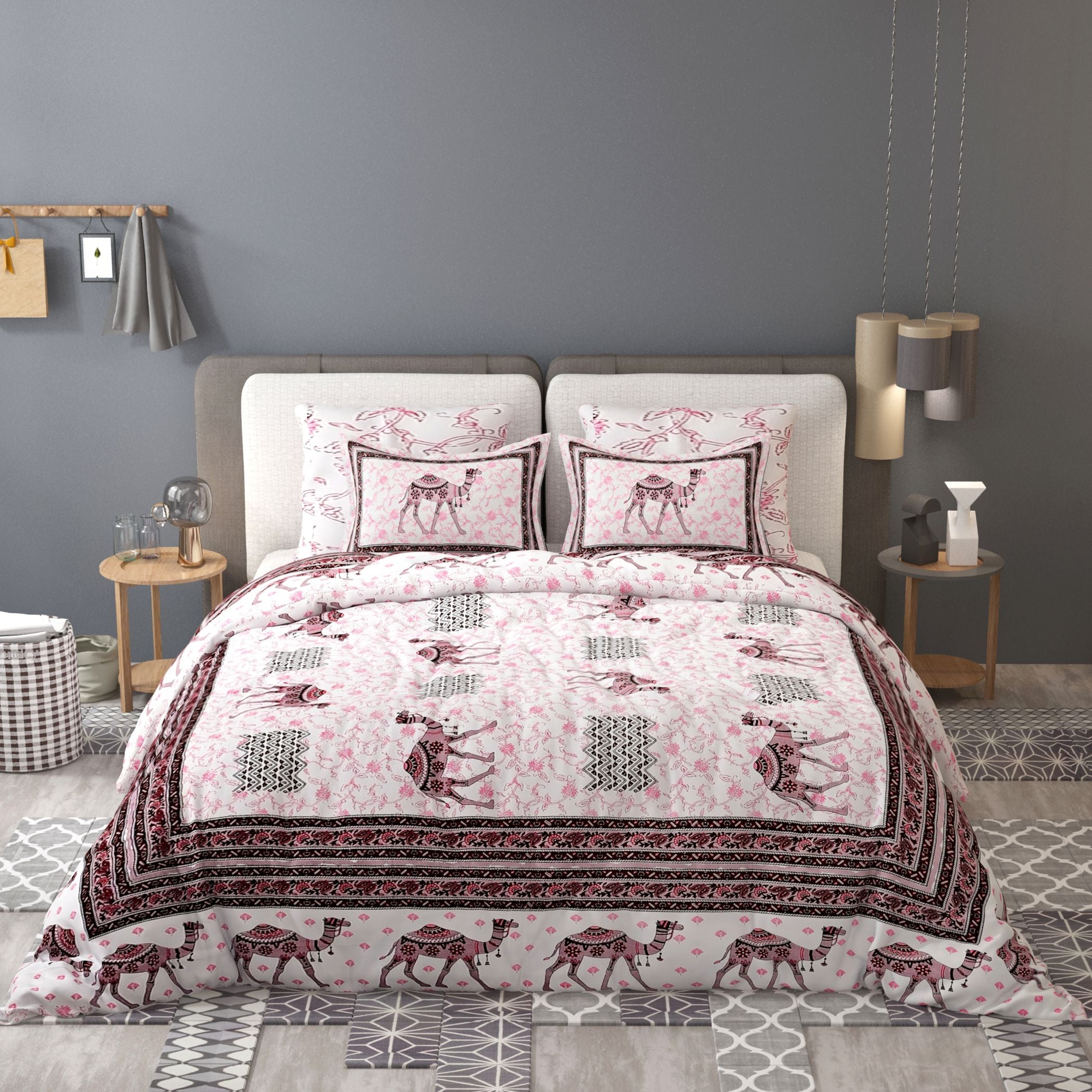 Pink Ethnic Motifs Cotton 200TC King Bedsheet With 2 Zipper Pillow Covers - King Size by House of Ree - Distacart