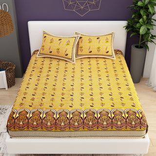 Green White Ethnic Motifs Cotton 200TC King Bedsheet With 2 Zipper Pillow Covers - King Size by House of Ree - Distacart