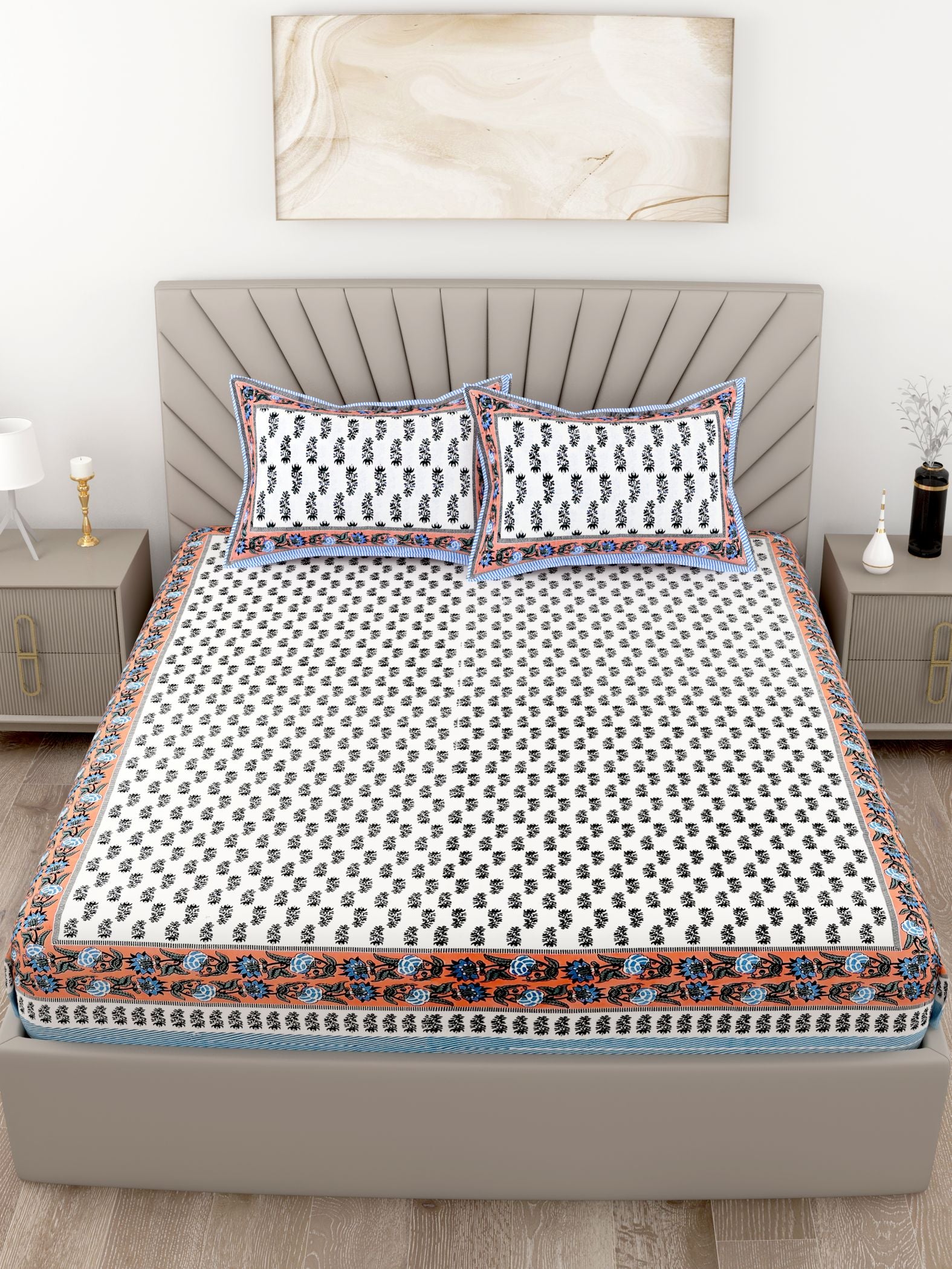 Blue Orange Leaf Design Cotton 200TC King Bedsheet With 2 Zipper Pillow Covers - King Size by House of Ree - Distacart