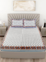 Thumbnail for Blue Orange Leaf Design Cotton 200TC King Bedsheet With 2 Zipper Pillow Covers - King Size by House of Ree - Distacart
