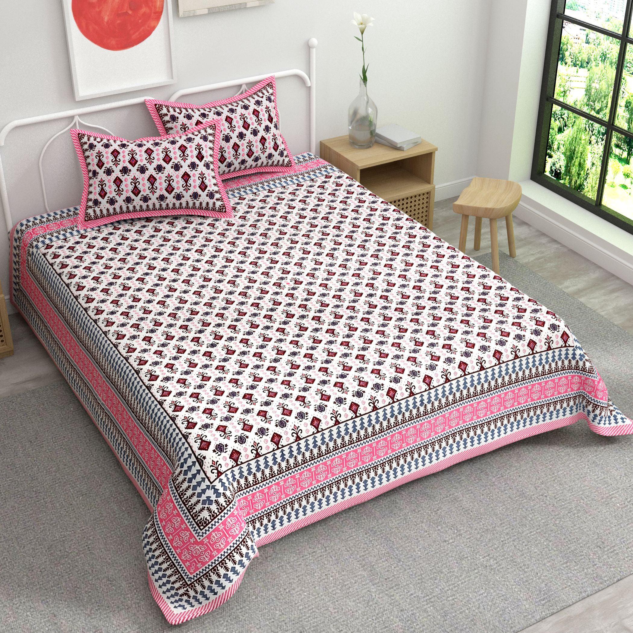 Pink White Ethnic Motifs Cotton King Bedsheet With 2 Zipper Pillow Covers - King Size by House of Ree - Distacart