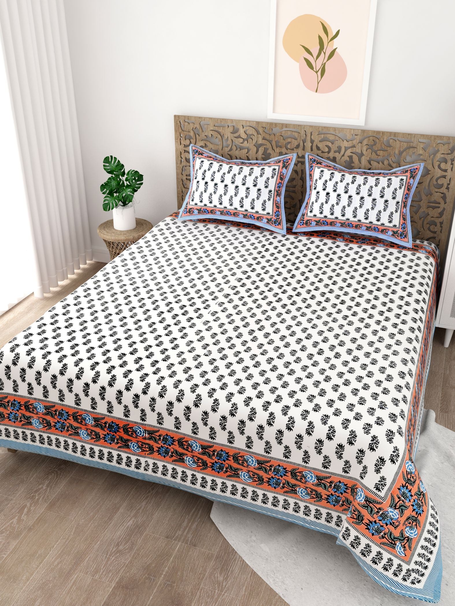 Blue Orange Leaf Design Cotton 200TC King Bedsheet With 2 Zipper Pillow Covers - King Size by House of Ree - Distacart