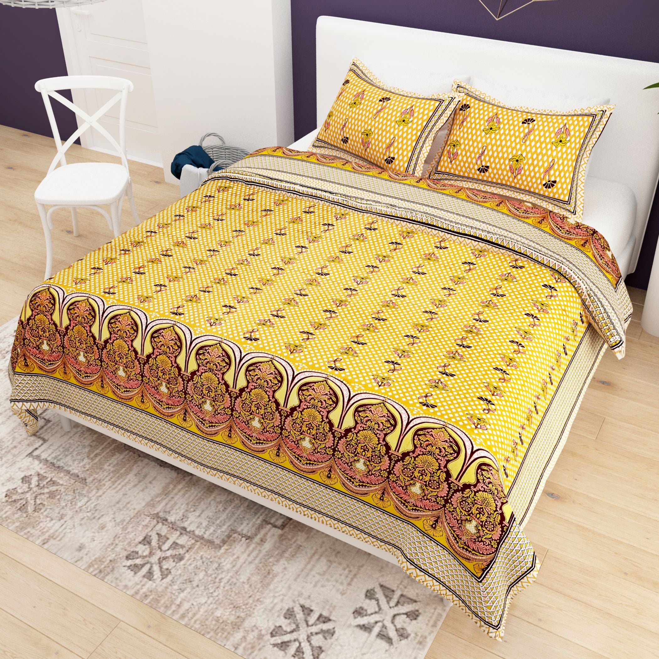 Green White Ethnic Motifs Cotton 200TC King Bedsheet With 2 Zipper Pillow Covers - King Size by House of Ree - Distacart