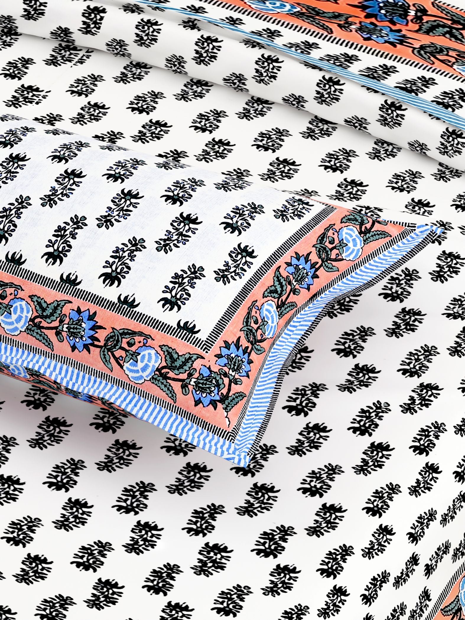 Blue Orange Leaf Design Cotton 200TC King Bedsheet With 2 Zipper Pillow Covers - King Size by House of Ree - Distacart