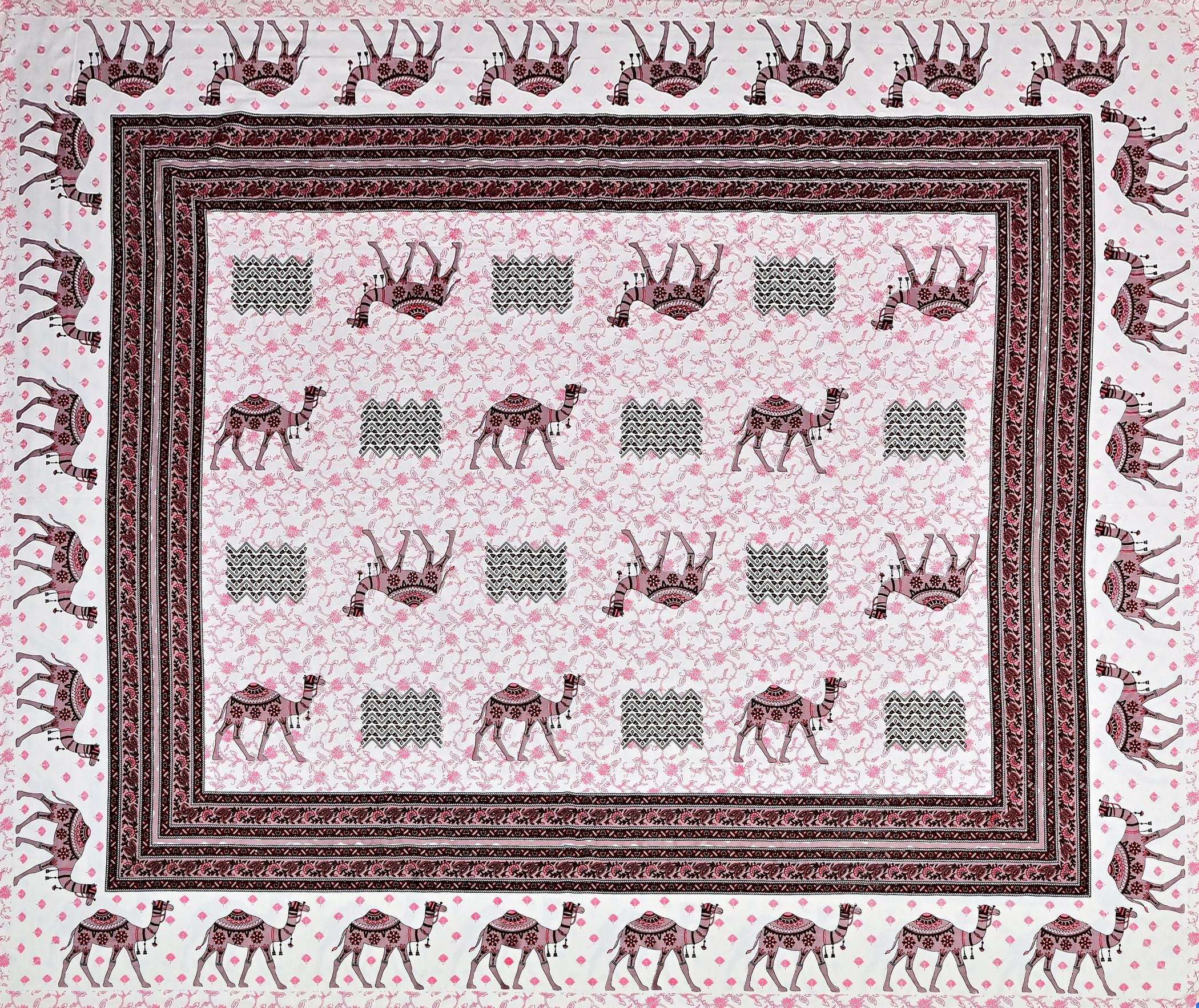 Pink Ethnic Motifs Cotton 200TC King Bedsheet With 2 Zipper Pillow Covers - King Size by House of Ree - Distacart
