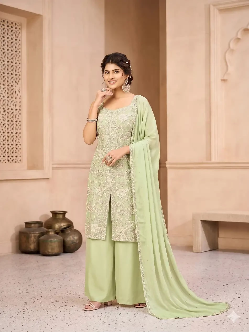 Teeya Creation Pista Green Embroidered Organza Kurta Set with Palazzo and Dupatta - Dista