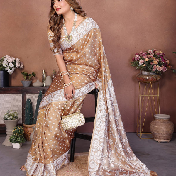 Anaita Cream Handmade Bandhej Viscose Silk Saree With Blouse - Distacart
