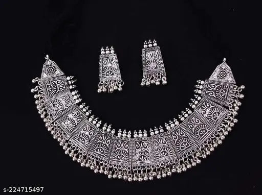 Tehzeeb Creations Women's German Silver Oxidised Necklace And Earrings - Distacart