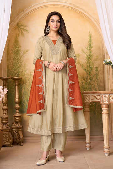 Anaita Cream Rust Anarkali Readymade Suit with Embroidery Work - Dista