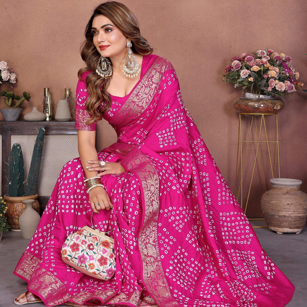 Anaita Pink Handmade Bandhej Viscose Silk Saree With Blouse - Distacart