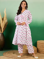 Thumbnail for Sangria Floral Printed Pure Cotton Anarkali Kurta With Trouser - Distacart