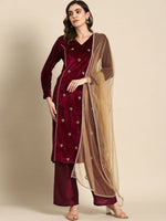 Thumbnail for All About You Women Velvet Finish Woven Design Regular Kurta with Palazzos & Dupatta - Distacart