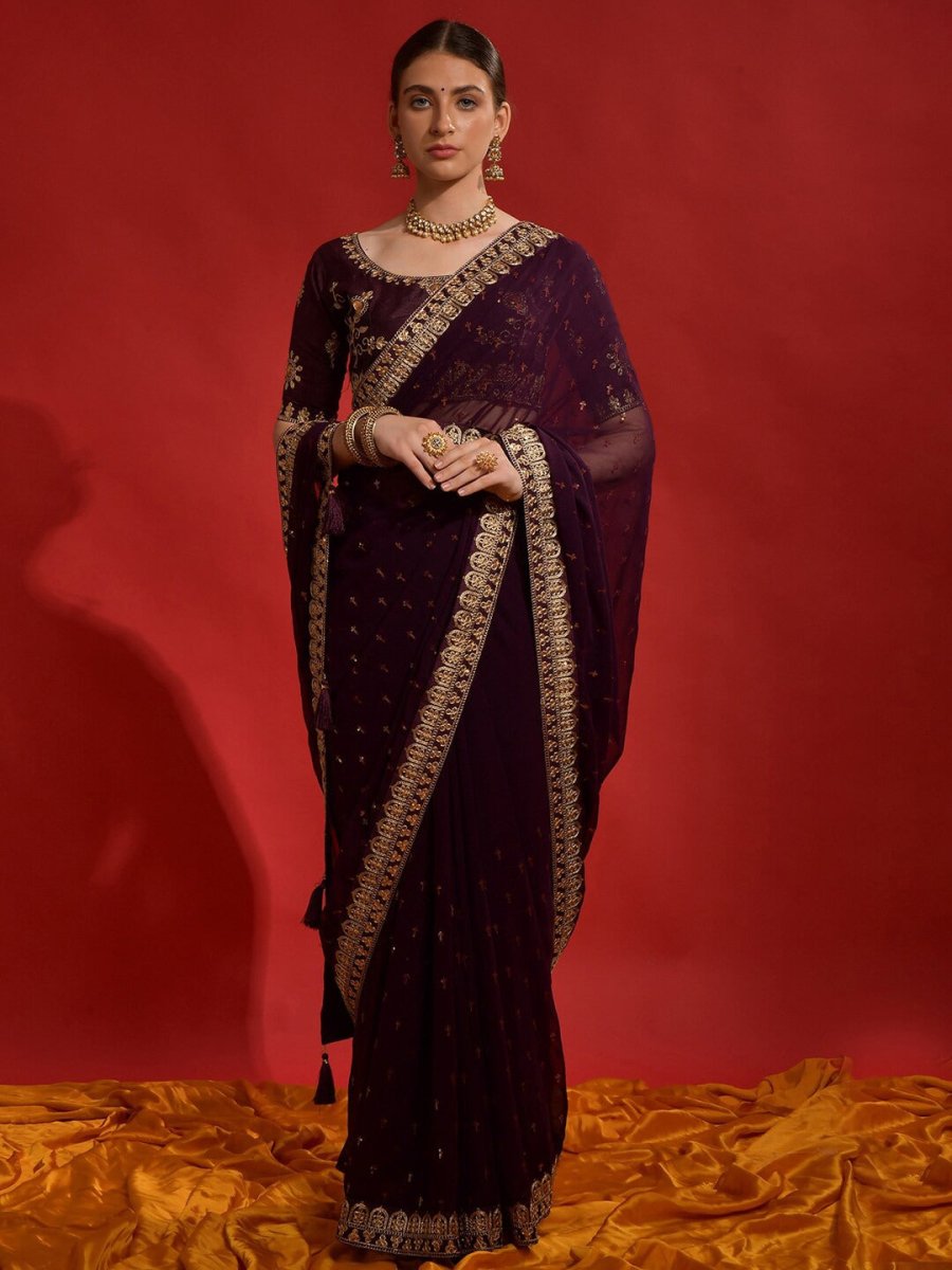Anouk Purple & Gold-Toned Floral Embroidered Pure Georgette Saree - Distacart