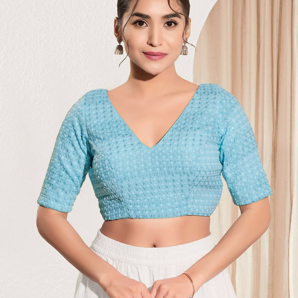 Joban Fashion Light Blue Crochet Padded Blouse With V Neck Elbow Sleeves - Distacart