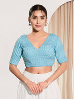 Thumbnail for Joban Fashion Light Blue Crochet Padded Blouse With V Neck Elbow Sleeves - Distacart