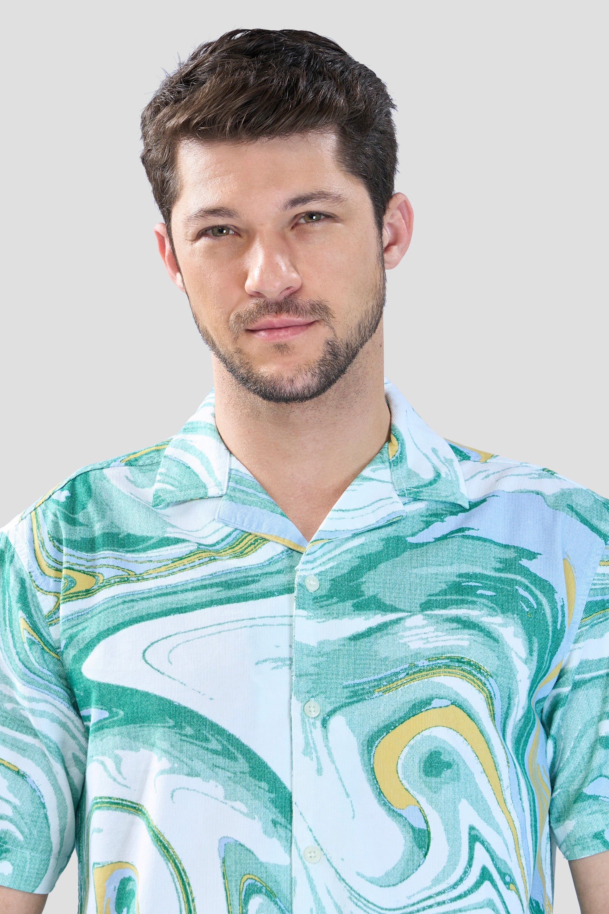 Xkind Green Fine Cord Drop Shoulder Printed Relaxed Fit Shirt