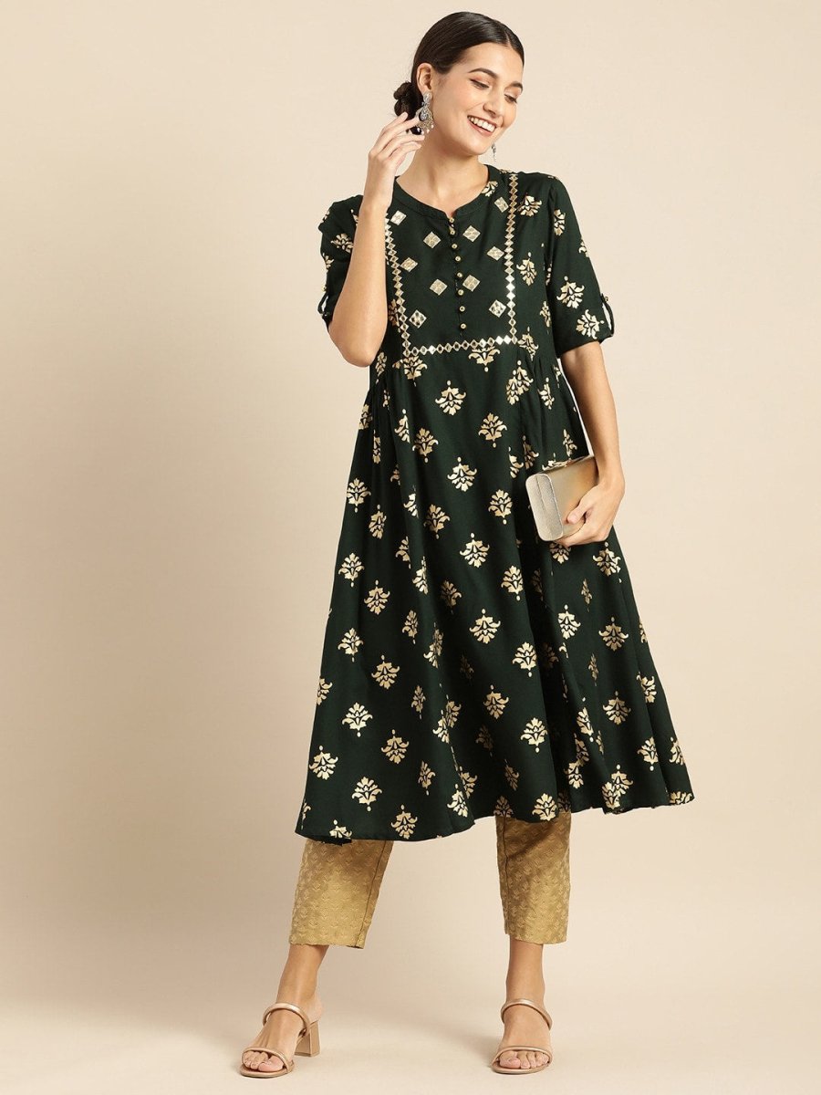 All About You Women Teal Green & Gold-Toned Ethnic Motifs Printed Mirror Work Kurta - Distacart