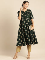 Thumbnail for All About You Women Teal Green & Gold-Toned Ethnic Motifs Printed Mirror Work Kurta - Distacart