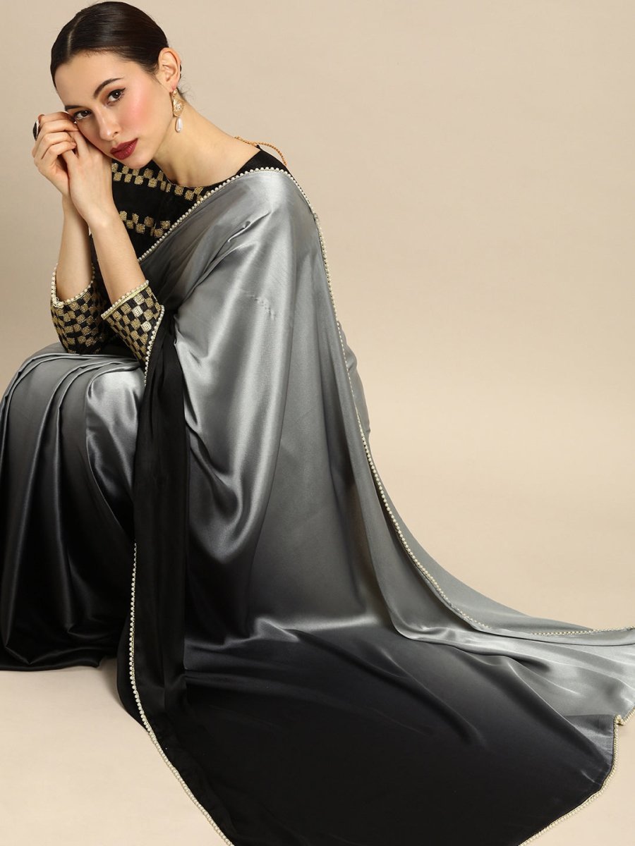 Anouk Black & Grey Satin Colourblocked Saree - Distacart