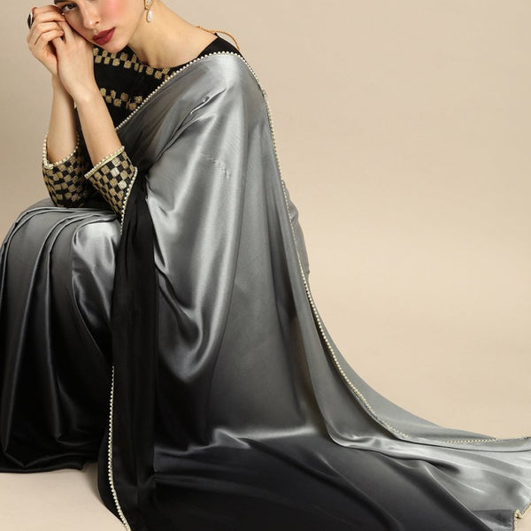 Anouk Black & Grey Satin Colourblocked Saree - Distacart