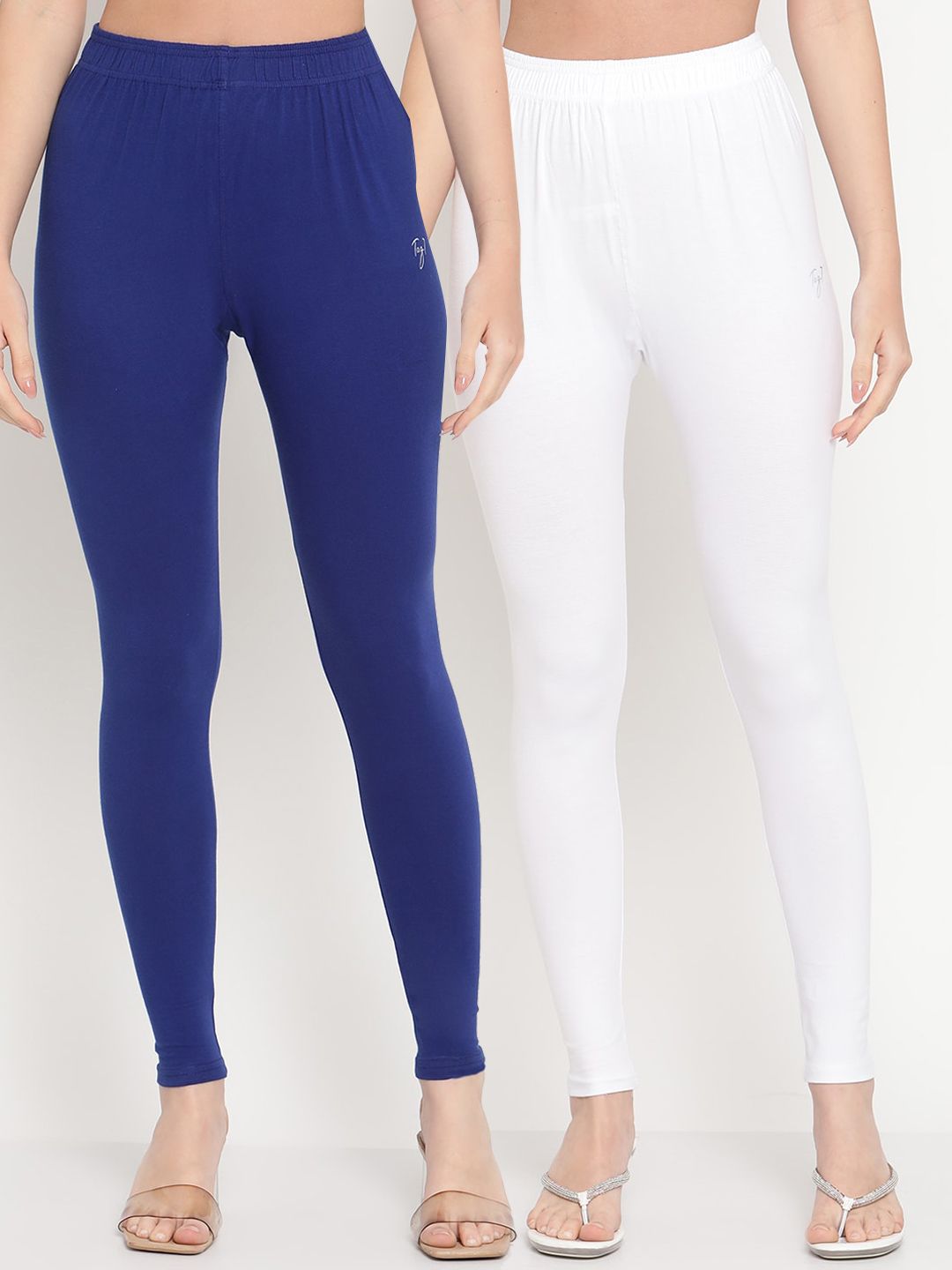 TAG 7 Women Pack Of 2 White & Blue Solid Ankle-Length Leggings - Distacart
