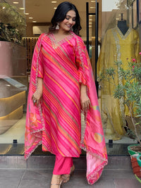 Thumbnail for Kalini Leheriya Printed Sequinned Pure Silk Kurta with Trousers & Dupatta - Distacart