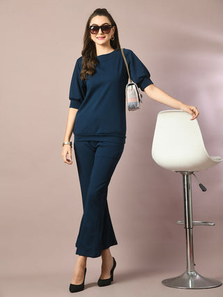 Myshka Women's Blue Solid Boat Neck Party Top With Trousers Co-ord set - Distacart