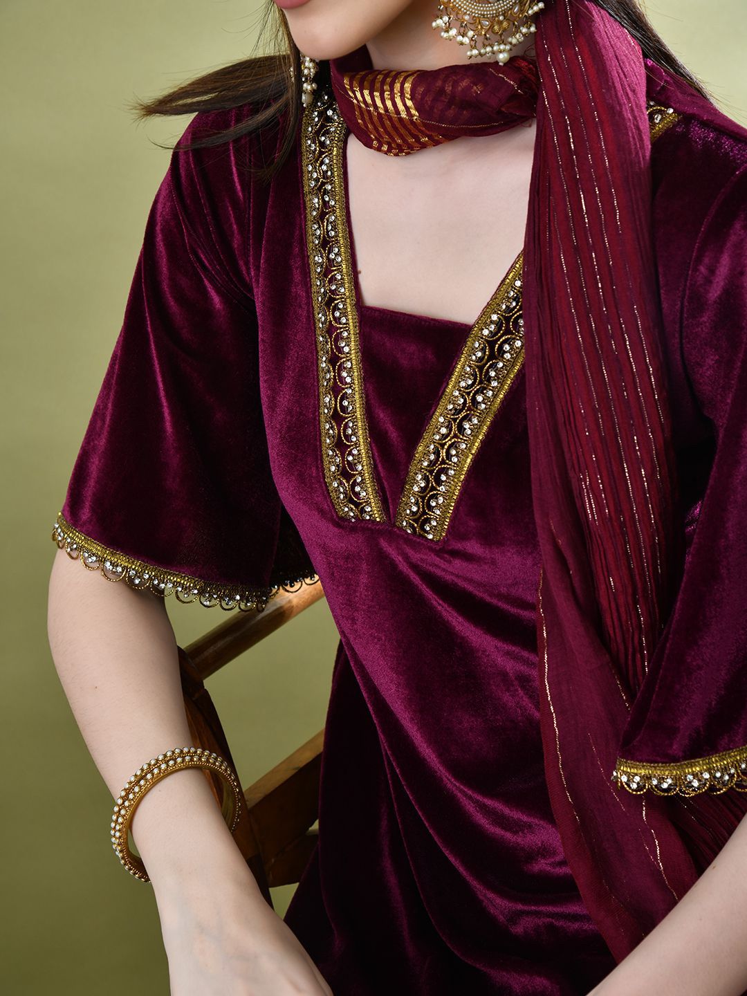 Sangria Yoke Design Velvet Kurta & Dhoti Pants With Dupatta - Distacart