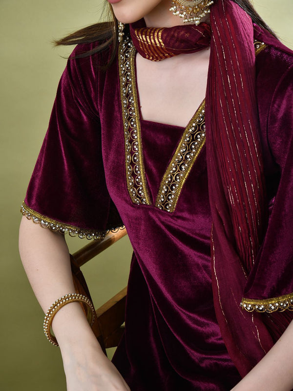 Sangria Yoke Design Velvet Kurta & Dhoti Pants With Dupatta