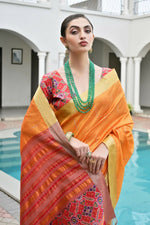 Thumbnail for Vishnu Weaves Women's Mustard Raw Silk Patola Zari Woven Saree with Blouse
