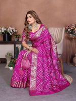 Thumbnail for Aastha Fashion Magenta Pure Dola Silk Handmade Original Bandhej Saree - Distacart