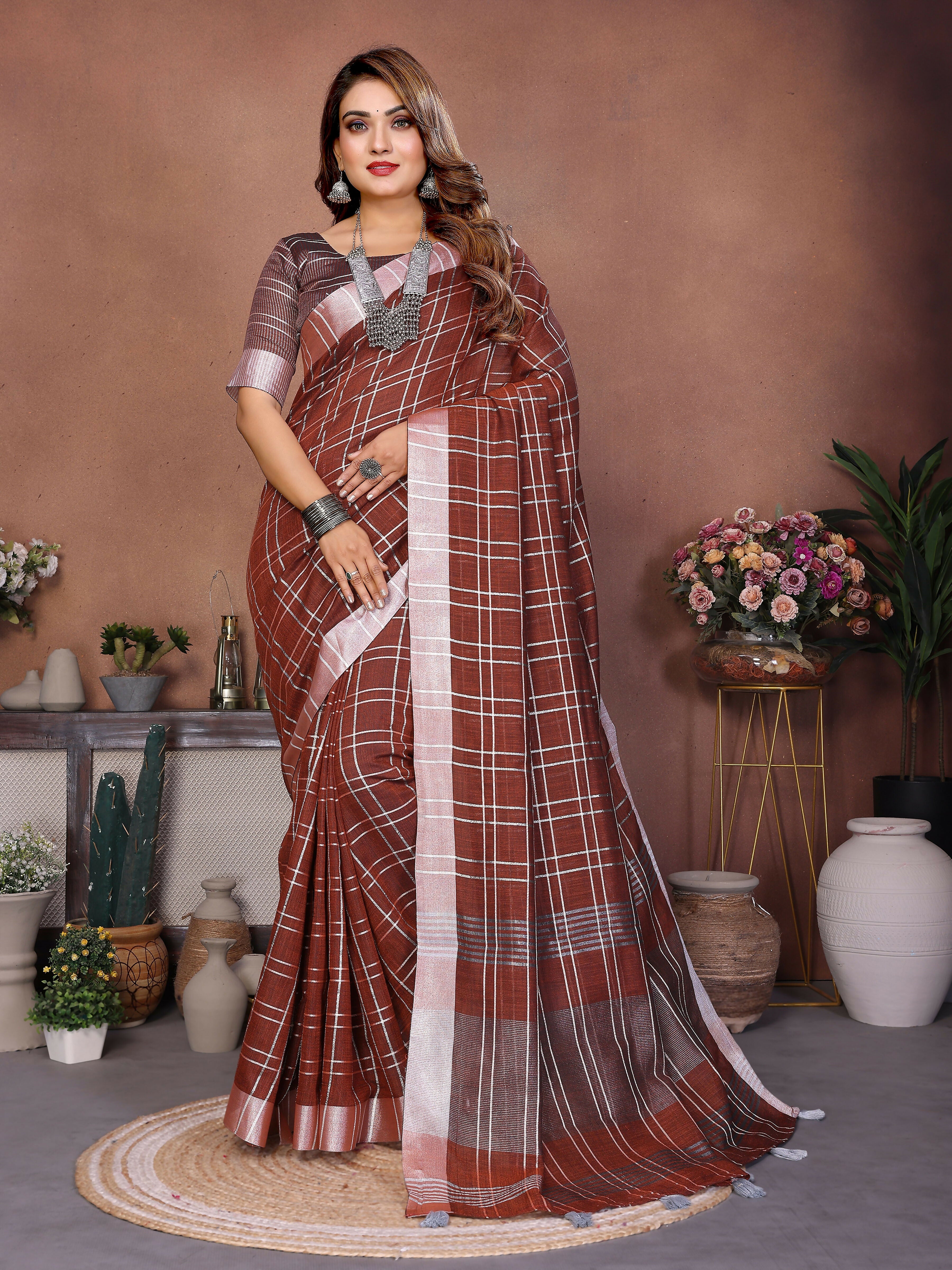 Aastha Fashion Brown Linen Weaving Saree - Distacart