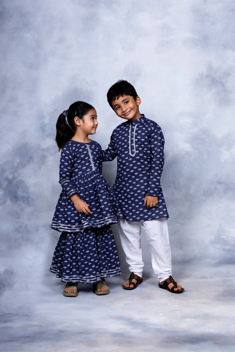 Ahalyaa Boys Navy Blue Pure Cotton Digital Print Kids Kurta Churidar Set - Distacart