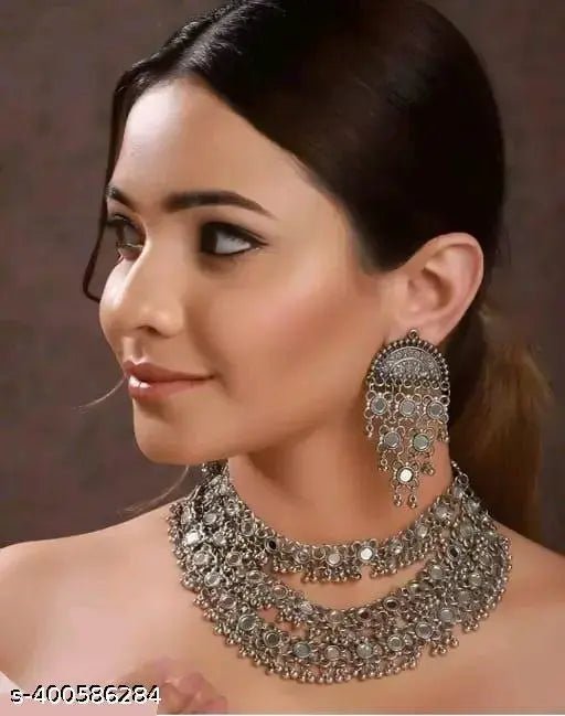 Tehzeeb Creations Women's Silver Colour Antique Necklace And Earrings With Mirror Work - Distacart