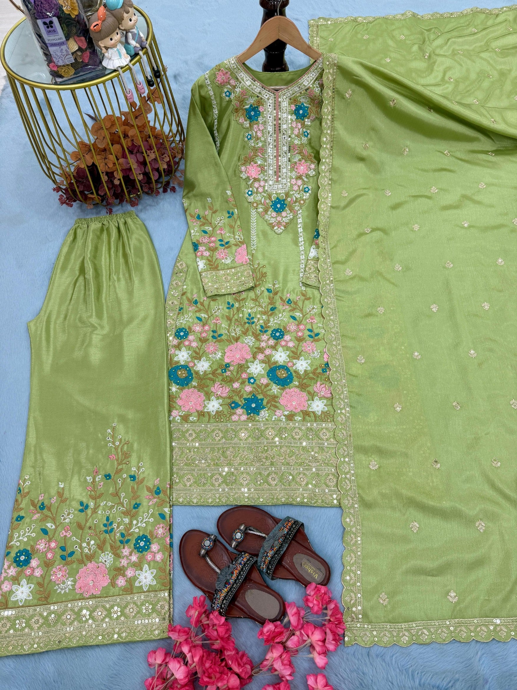 Anaita Green Chinon Readymade Suit With Embroidery & Diamond Work - Dista