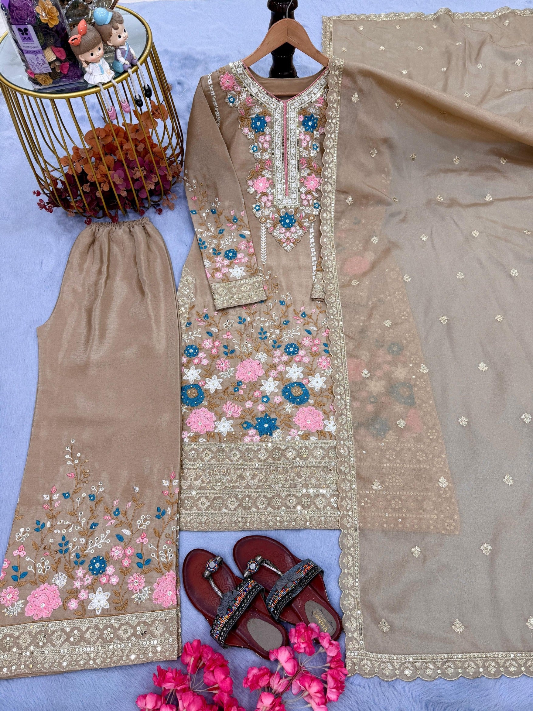 Anaita Beige Chinon Readymade Suit with Embroidery & Diamond Work - Dista