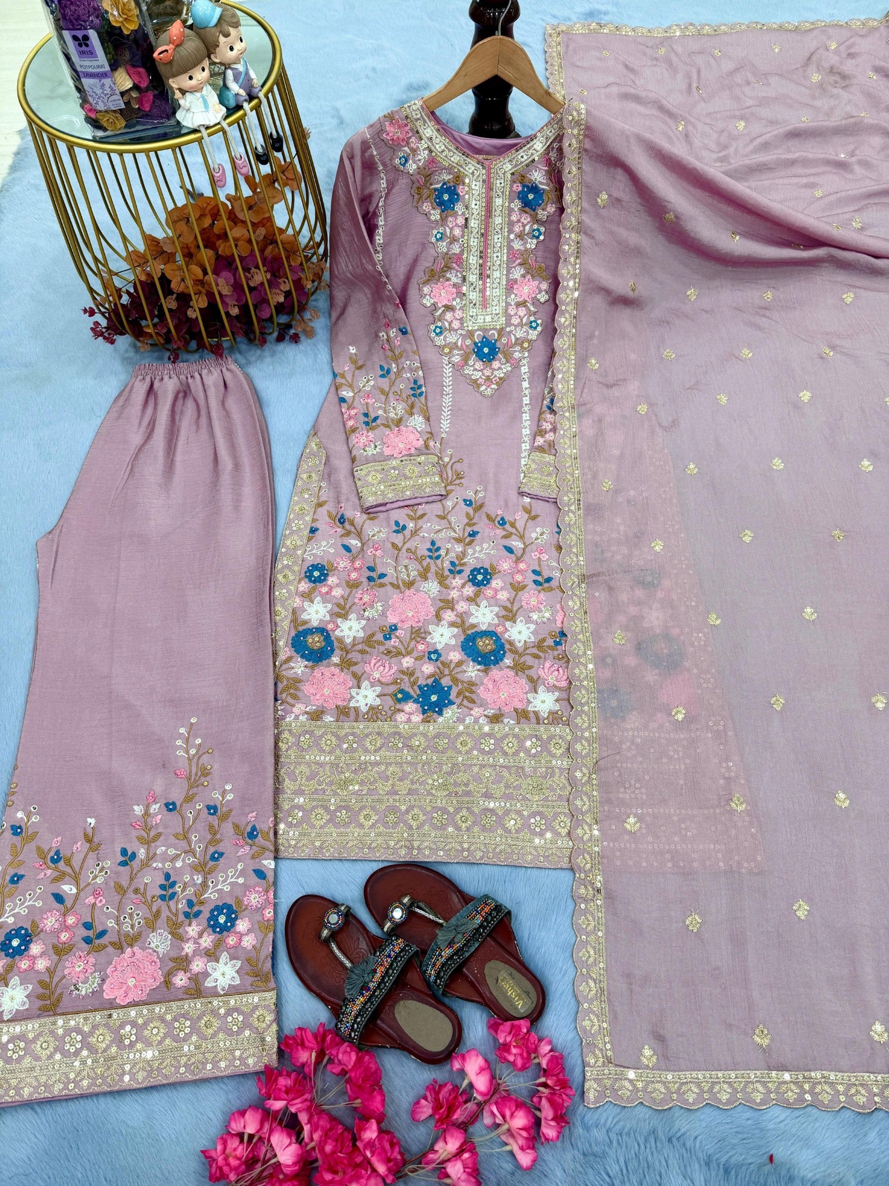 Anaita Lavender Chinon Readymade Suit with Embroidery & Diamond Work - Dista
