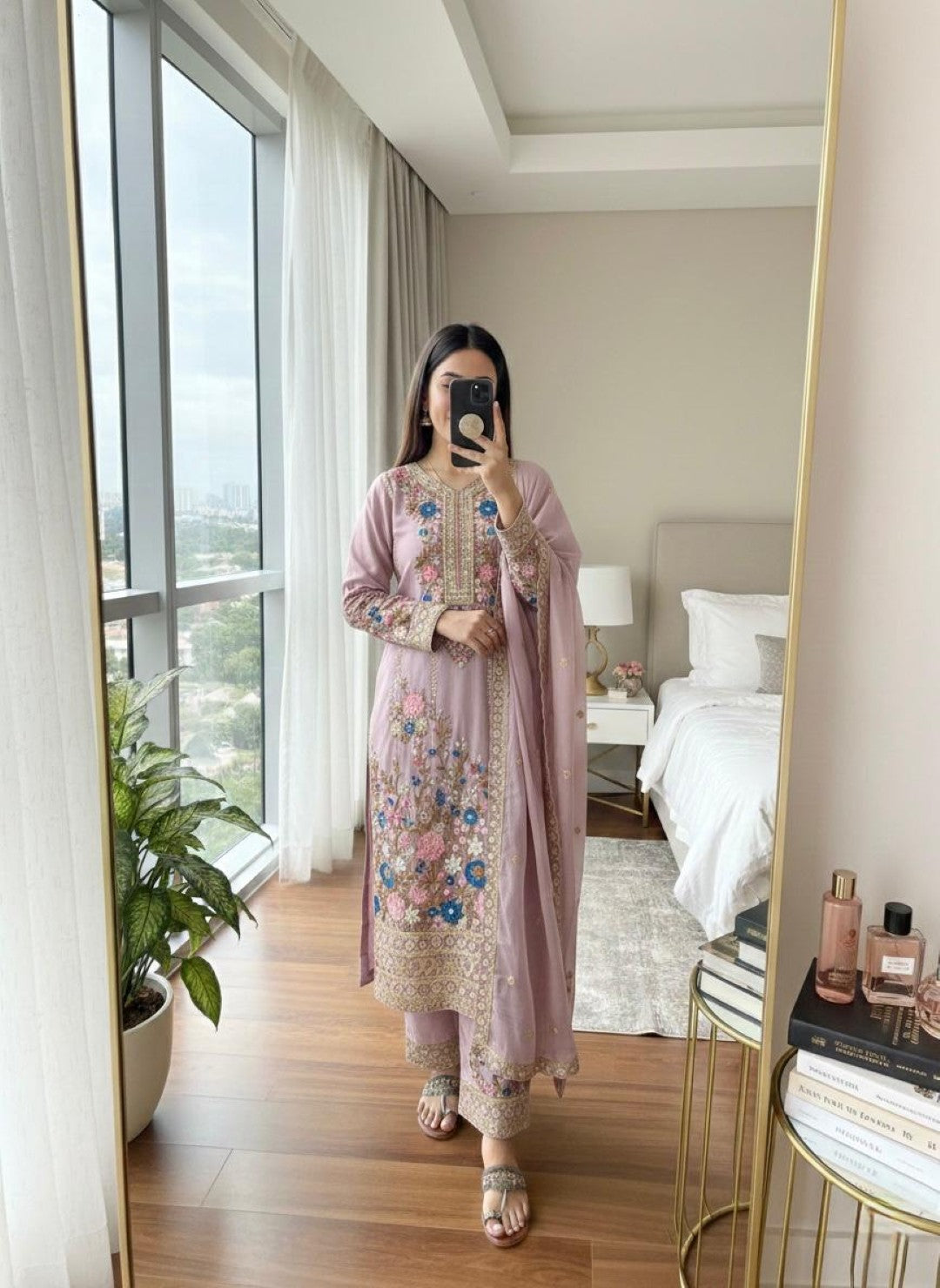 Anaita Lavender Chinon Readymade Suit with Embroidery & Diamond Work - Dista