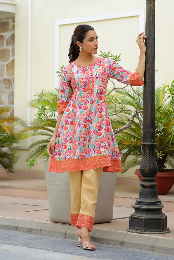 Vaasva Women Lemon Embroidered Printed Kurta Set With Laced Solid Pants - Distacart
