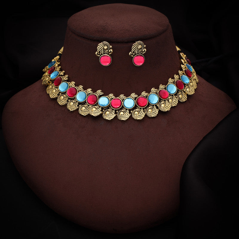Tehzeeb Creations Sky Blue & Pink Colour Gold-Polished Stone Jewellery Choker Necklace Set With Matching Pair of Stud Earrings - Distacart