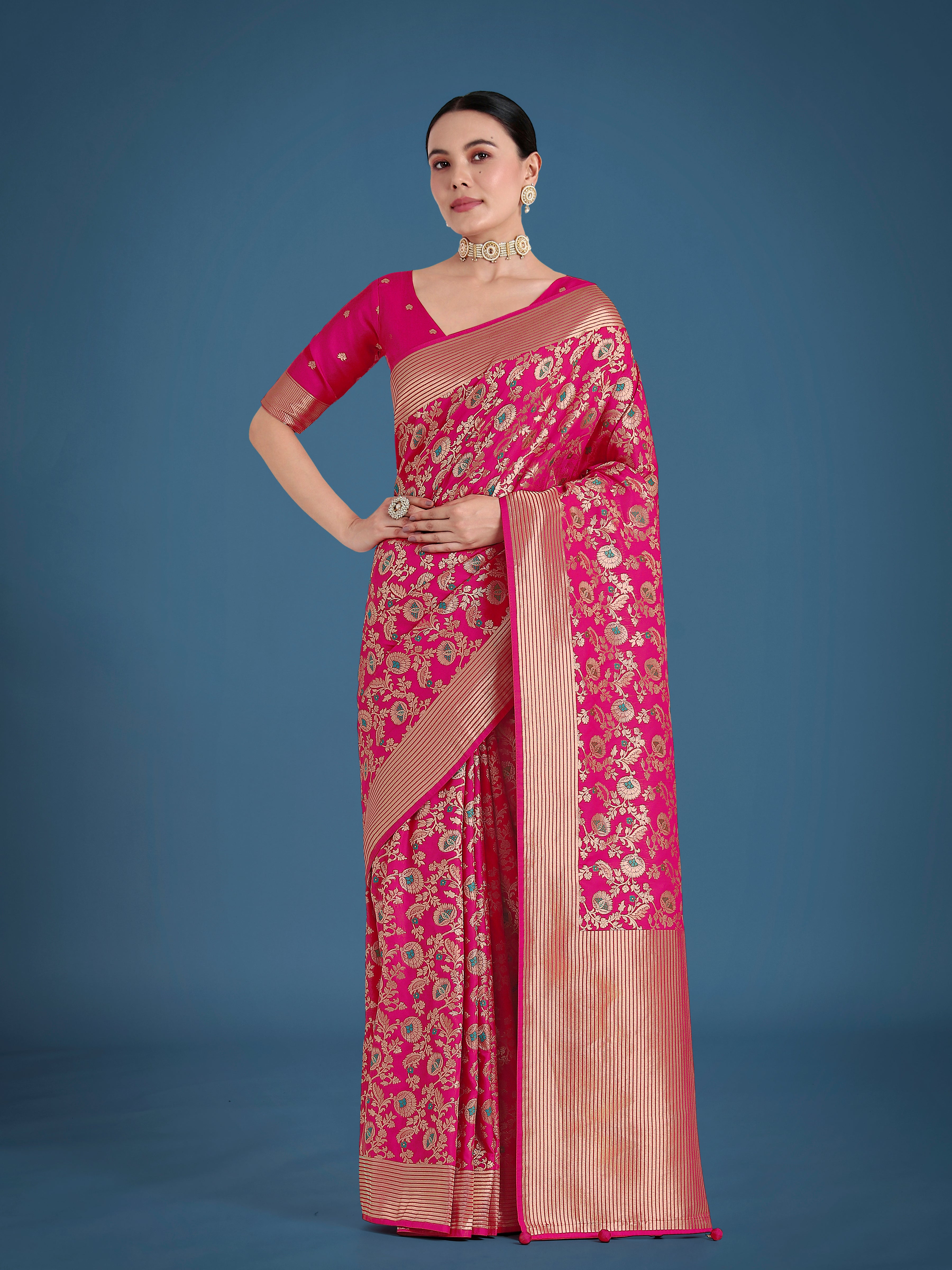 Monjolika Fashion Banarasi Silk Rani Pink Zaal Pattern Traditional Saree