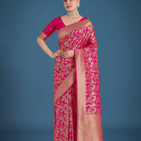 Monjolika Fashion Banarasi Silk Rani Pink Zaal Pattern Traditional Saree - Distacart