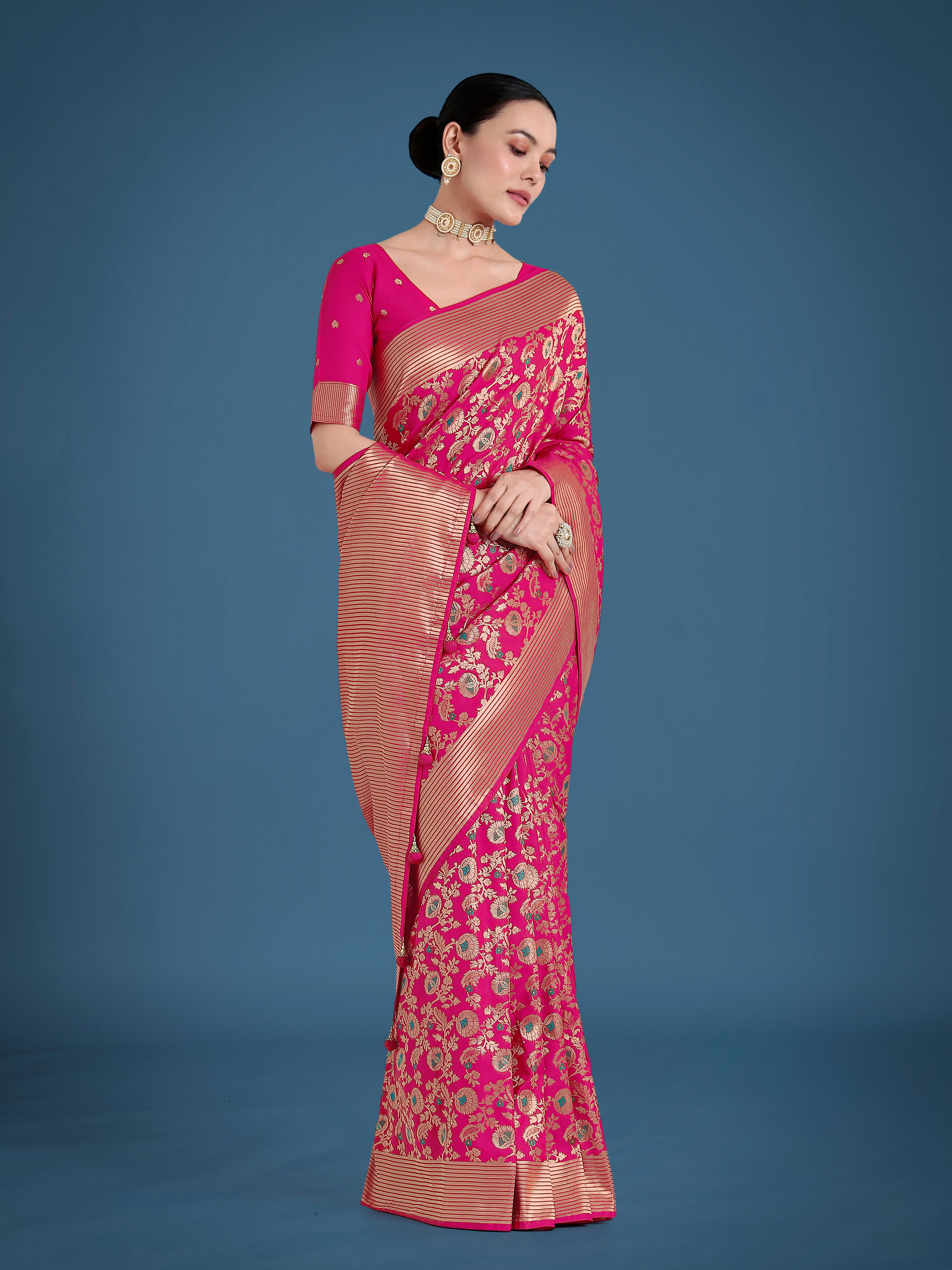 Monjolika Fashion Banarasi Silk Rani Pink Zaal Pattern Traditional Saree