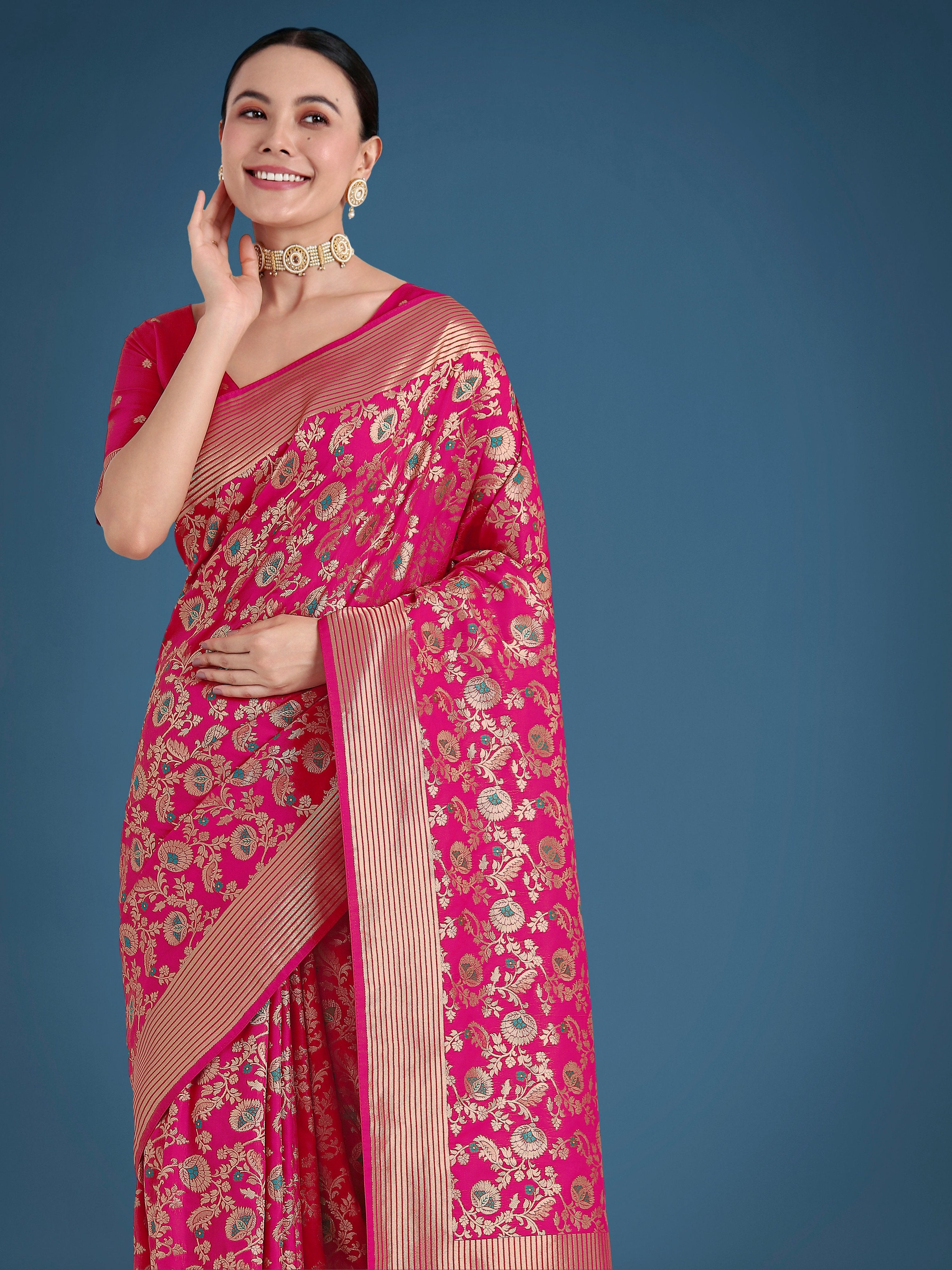Monjolika Fashion Banarasi Silk Rani Pink Zaal Pattern Traditional Saree