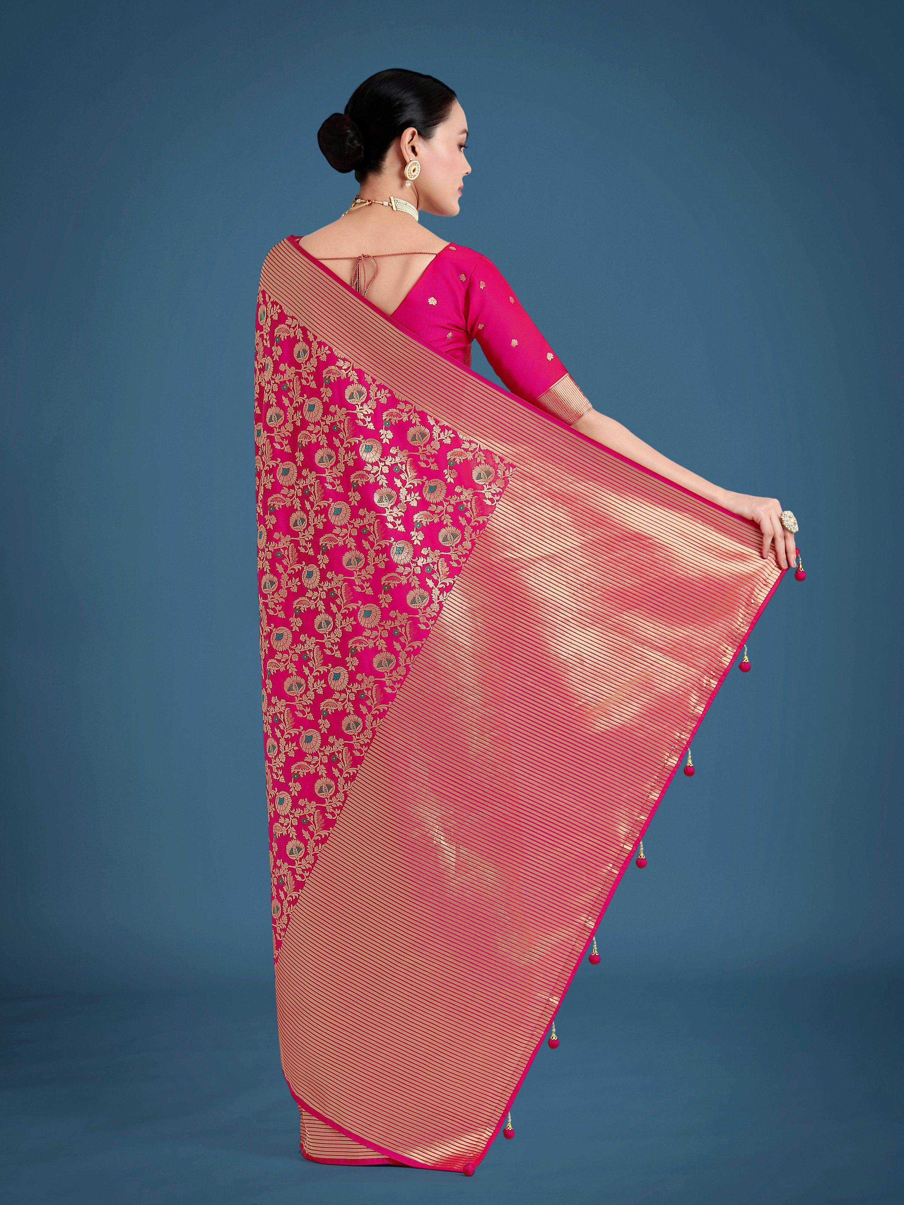 Monjolika Fashion Banarasi Silk Rani Pink Zaal Pattern Traditional Saree