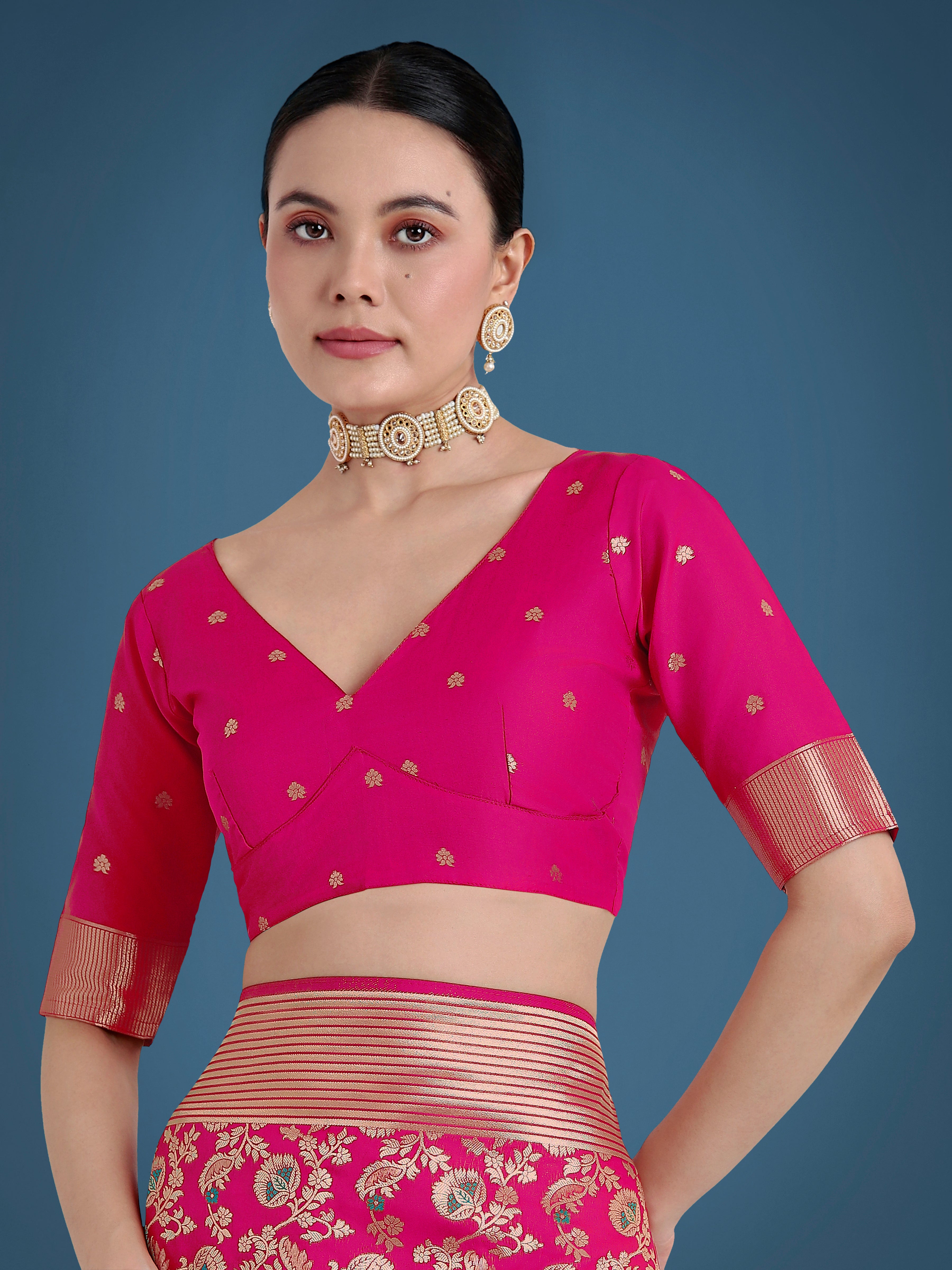 Monjolika Fashion Banarasi Silk Rani Pink Zaal Pattern Traditional Saree