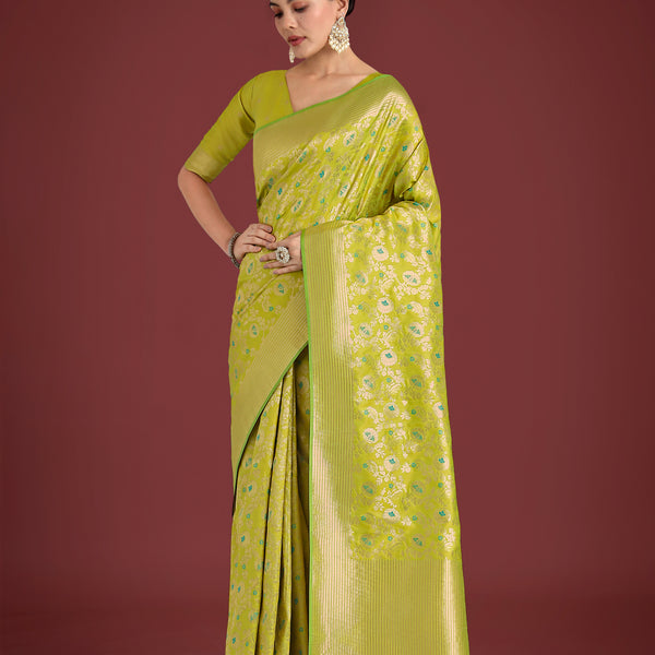 Monjolika Fashion Banarasi Silk Parrot Green Zaal Pattern Traditional Saree - Distacart