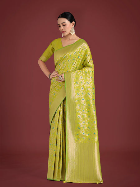 Monjolika Fashion Banarasi Silk Parrot Green Zaal Pattern Traditional Saree