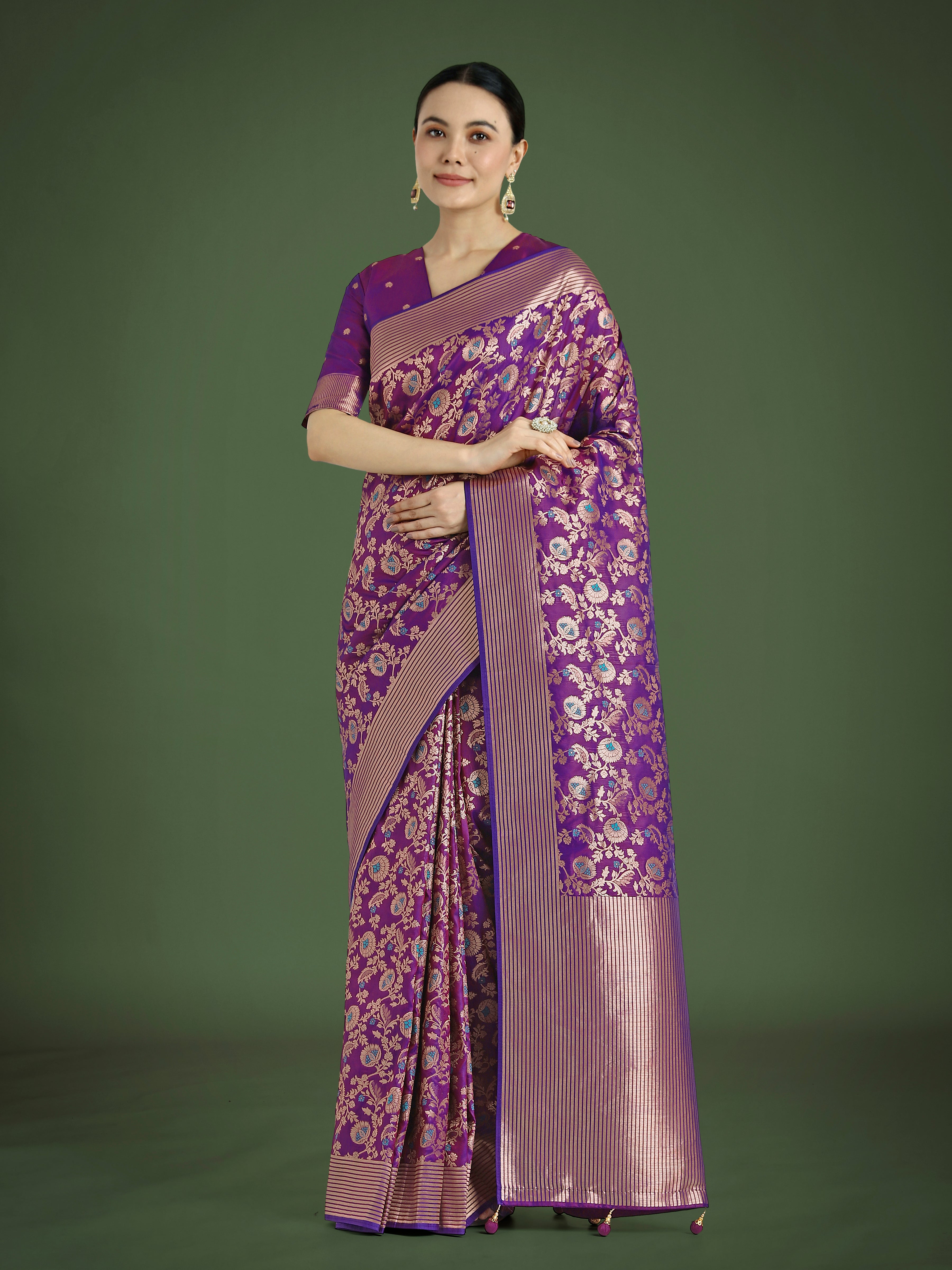 Monjolika Fashion Banarasi Silk Purple Zaal Pattern Traditional Saree